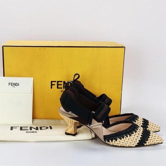 Fendi Black Beige Colibri Woven Raffia Slingbacks - Picture 5 of 5
